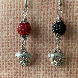 Silver Bull Dogs with Red and Black Sparkling Rhinestone Beads